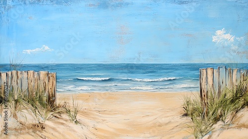 A serene beach scene featuring the gentle waves and clear sky.