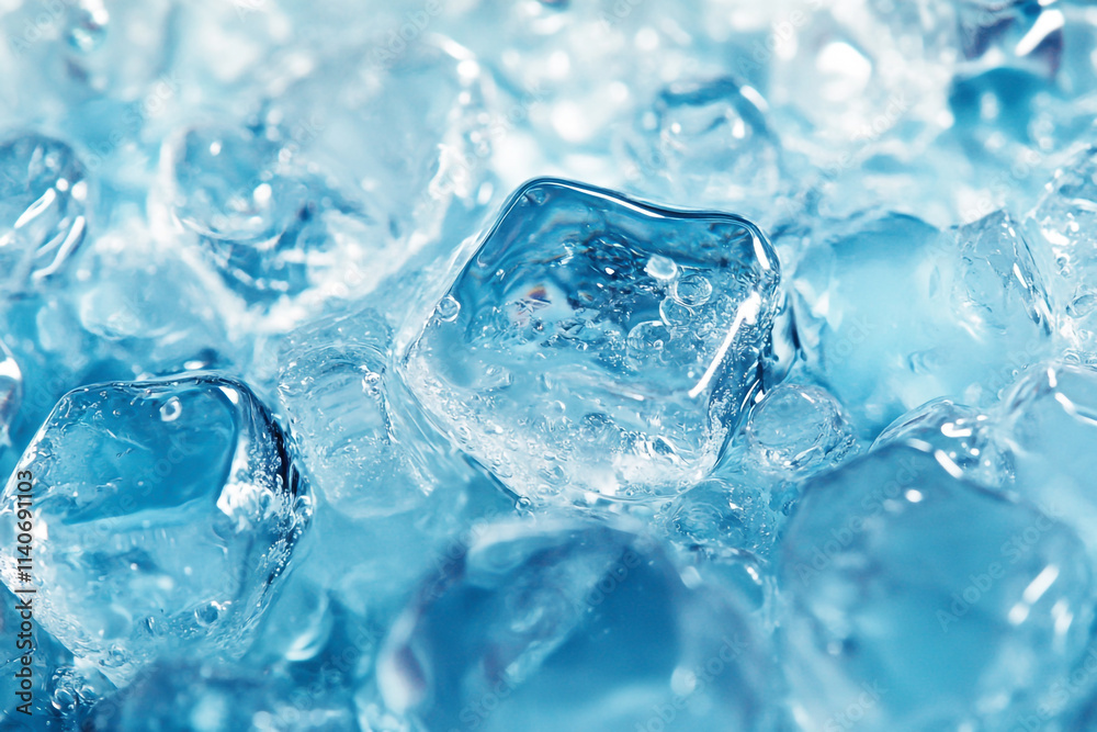 Blue background, close-up of water molecules with a symmetrical structure and crystal-clear details. Blue background, close-up of water molecules with a symmetrical structure and crystal-clear details.
