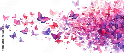 A dynamic watercolor composition of butterflies in pink and purple hues flowing from left to right, transitioning from scattered individual butterflies to a dense, cloud of butterflies. Generative AI