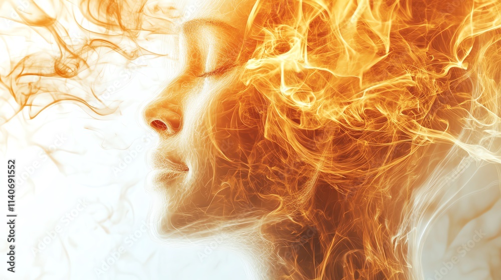 A serene profile of a woman enveloped in fiery colors. A serene profile of a woman enveloped in fiery colors.