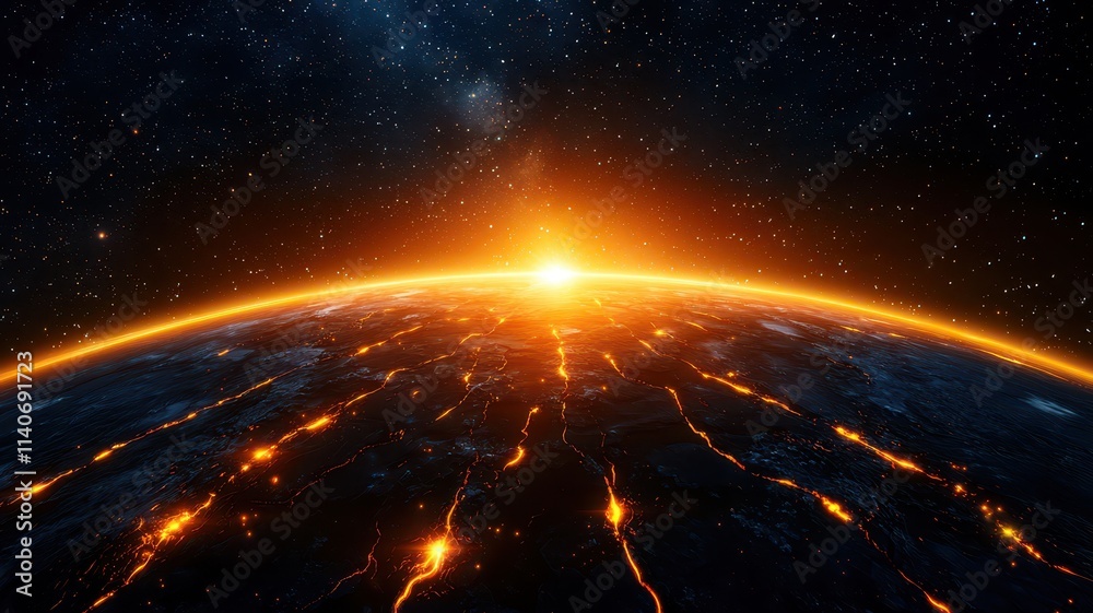 A stunning view of the Earth at sunrise, showcasing vibrant colors and glowing lava-like features against a starry backdrop. A stunning view of the Earth at sunrise, showcasing vibrant colors and glowing lava-like features against a starry backdrop.
