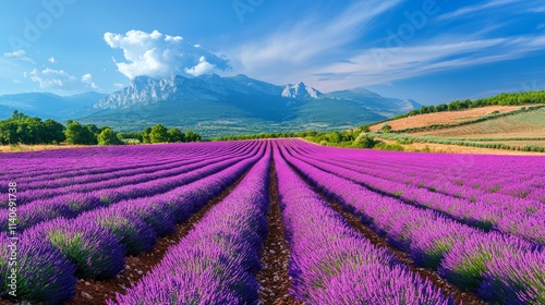 purple flowers under blue sky, Lavender field in full bloom, summer landscape, layout design, Generative AI