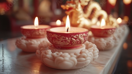 A set of red candles glowing softly beside a golden Chinese zodiac statue. photo