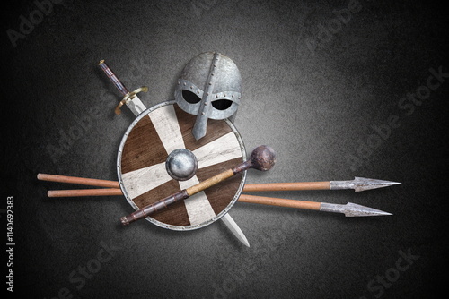  knightly shield sword helmet mace and two lances  on black photo