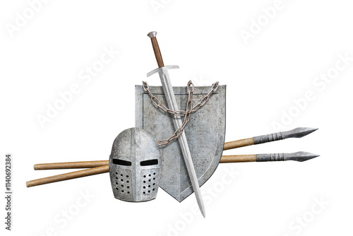 knight sword shield helmet and lance isolated on white photo