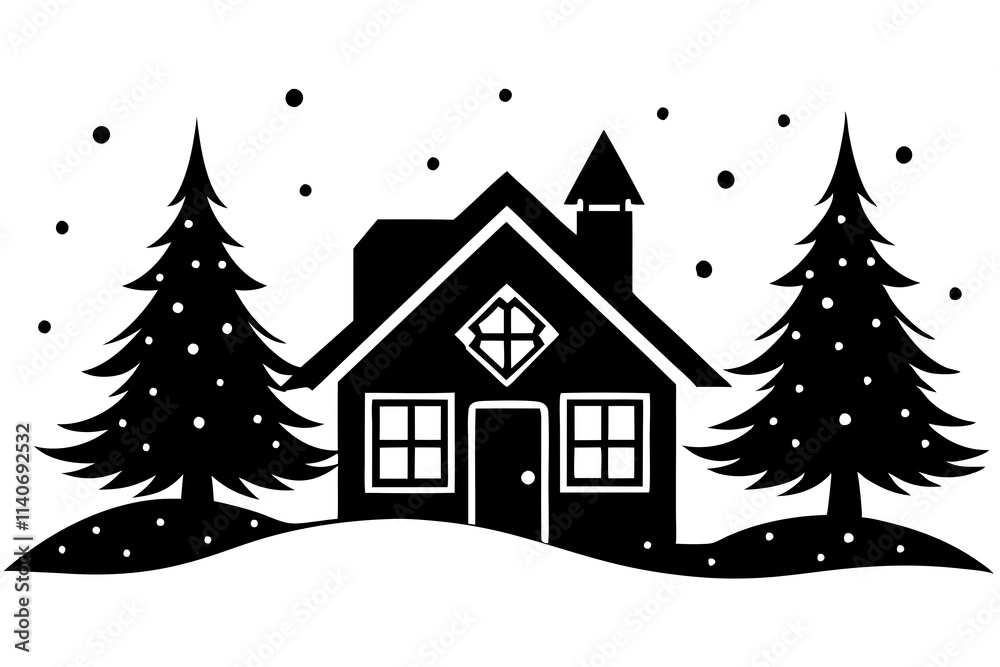 Fototapeta premium A cozy house with winter wonderland vector silhouette with snow covered background