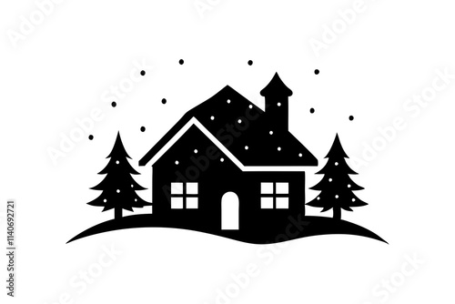A cozy house with winter wonderland vector silhouette with snow covered background
