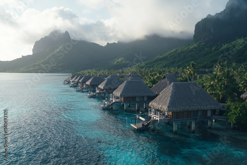Fototapeta Naklejka Na Ścianę i Meble -  Aerial view of Bora Bora, island with lush green and clear blue water.