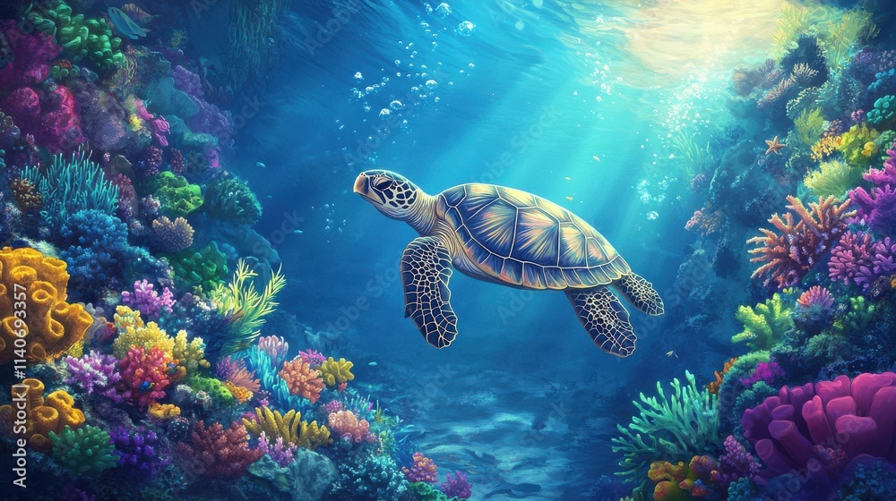 Obraz premium Underwater Scene with Turtle Swimming Among Vibrant Coral Reef
