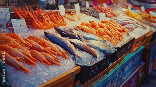 Fresh Seafood Display at Market with Shrimp and Fish on Ice