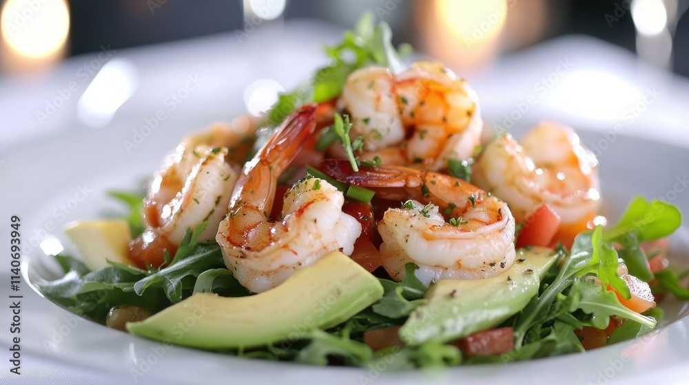 Fresh Shrimp Salad with Avocado and Vegetables on White Plate Fresh Shrimp Salad with Avocado and Vegetables on White Plate