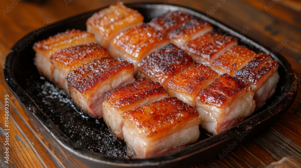 Delicious Crispy Pork Belly Served on Black Sizzling Plate Delicious Crispy Pork Belly Served on Black Sizzling Plate