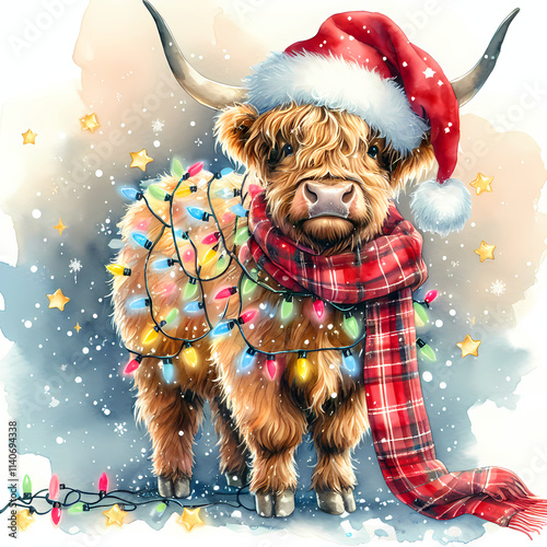 A smiling Highland cow wearing a red scarf enjoys the Christmas night under a sky full of twinkling stars and snow