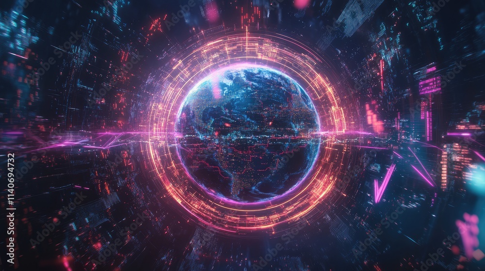 A holographic Earth surrounded by digital trading icons, glowing network paths encircling the globe, futuristic, vibrant sci-fi style