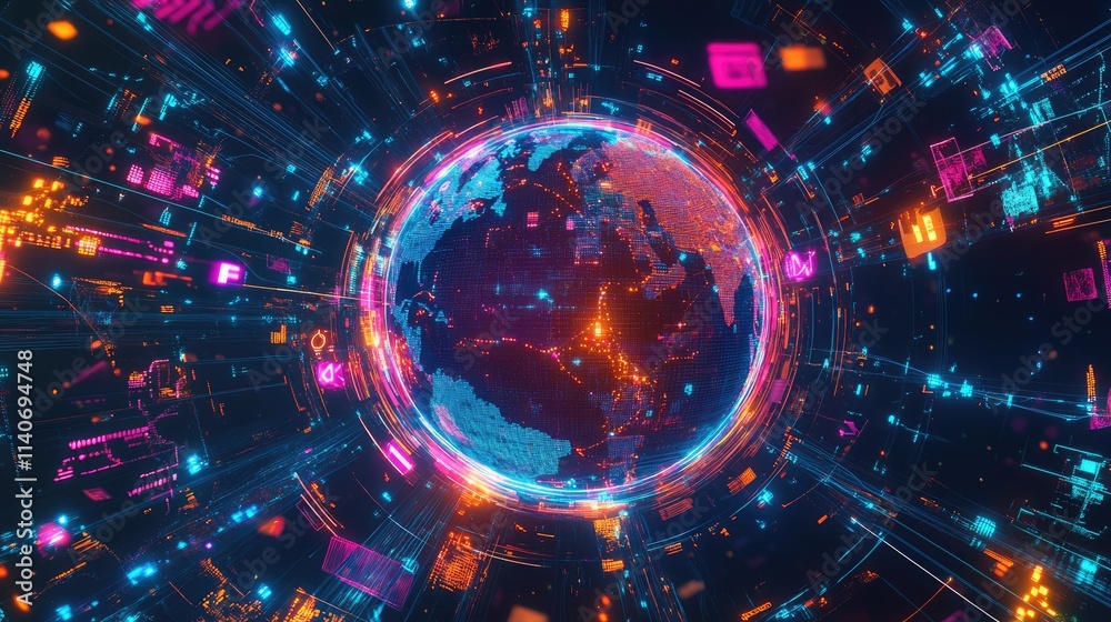 A holographic Earth surrounded by digital trading icons, glowing network paths encircling the globe, futuristic, vibrant sci-fi style