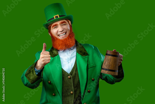 Leprechaun elf on St. Patrick's Day. Cheerful character Irish leprechaun for advertising with a red natural beard in a green suit and green hat for advertising. Cosplay at the festival on March 17th photo