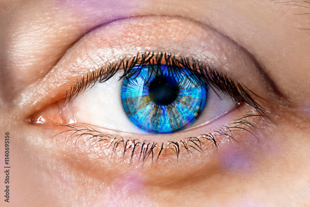 Human eye with Smart Artificial lens digital vision close up. Intraocular lens implantation concept Human eye with Smart Artificial lens digital vision close up. Intraocular lens implantation concept