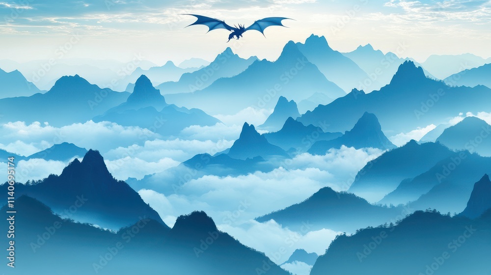 Majestic Dragon Flying Over Serene Blue Mountain Landscape Majestic Dragon Flying Over Serene Blue Mountain Landscape
