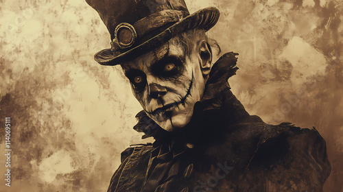 Sepia toned vintage ominous ringmaster with a gaunt face and ashen complexion. Ashen. Illustration