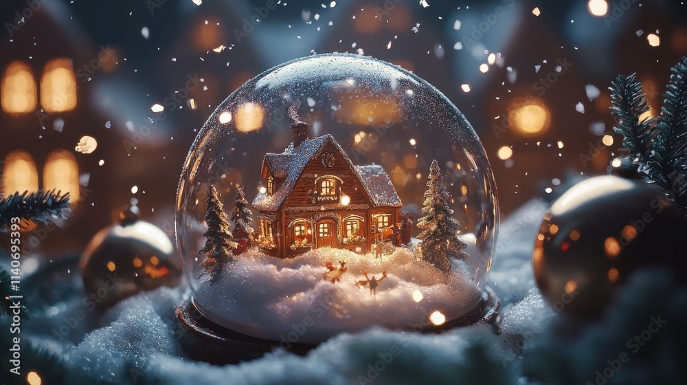 Snow globe with a small Christmas village inside surrounded by soft falling snowflakes Snow globe with a small Christmas village inside surrounded by soft falling snowflakes
