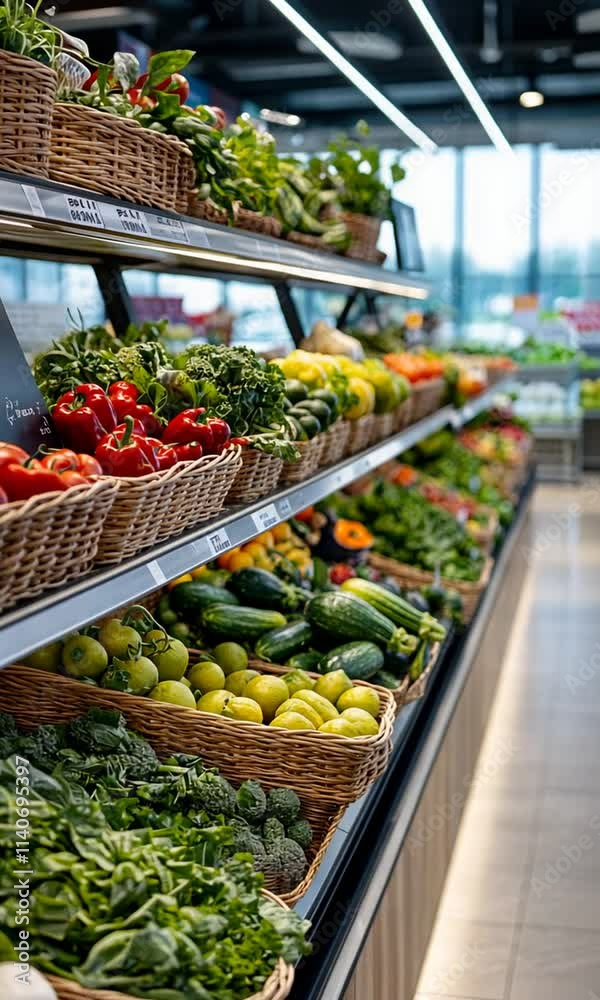 A vibrant grocery store display featuring fresh fruits and vegetables in woven baskets. A vibrant grocery store display featuring fresh fruits and vegetables in woven baskets.