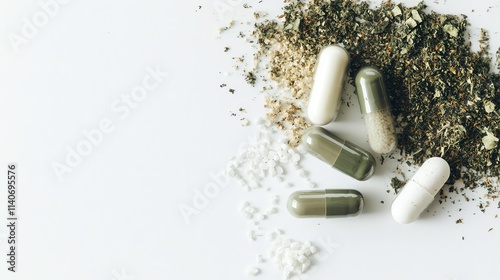 Assorted herbal capsules and powders on a clean surface.