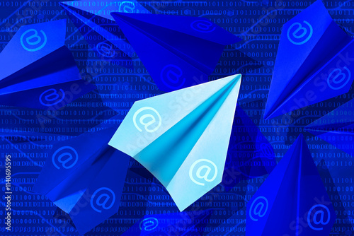 Concept for sending mass notifications and emails with paper planes in the digital space,