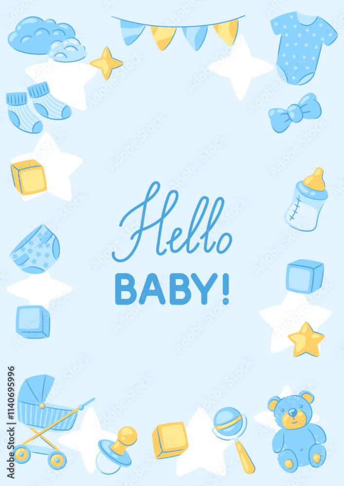 Fototapeta premium Baby shower frame. New born baby boy Happy Birthday.