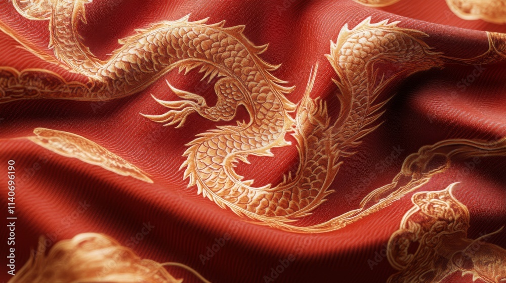 Fototapeta premium Intricate dragon design on red fabric textile art cultural heritage studio setting close-up view traditional craftsmanship