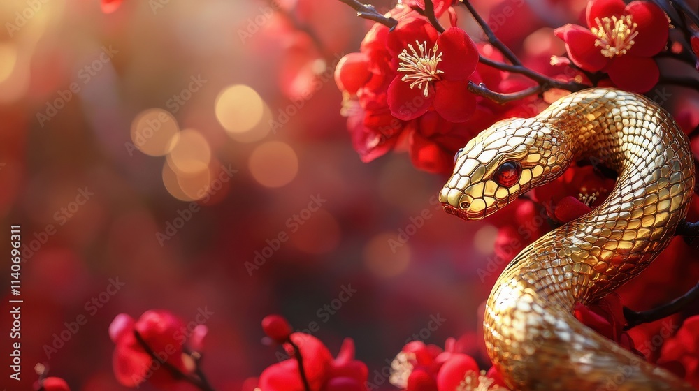 A shiny golden snake sculpture surrounded by red flowers with copy space, for the Chinese new year celebration. A shiny golden snake sculpture surrounded by red flowers with copy space, for the Chinese new year celebration.