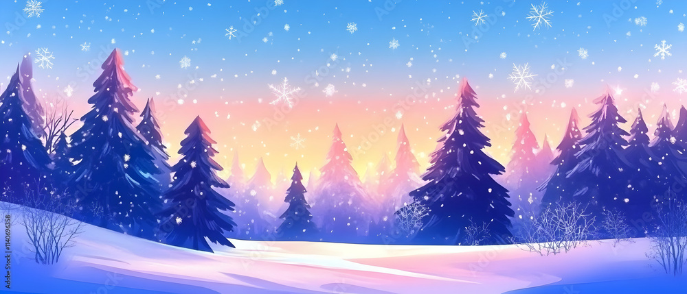 Beautiful winter landscape with a snow-covered forest and sky background