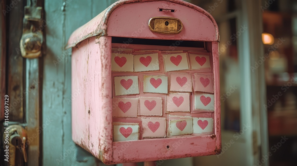 A small pink mailbox filled with envelopes covered in heart-shaped stamps. A small pink mailbox filled with envelopes covered in heart-shaped stamps.
