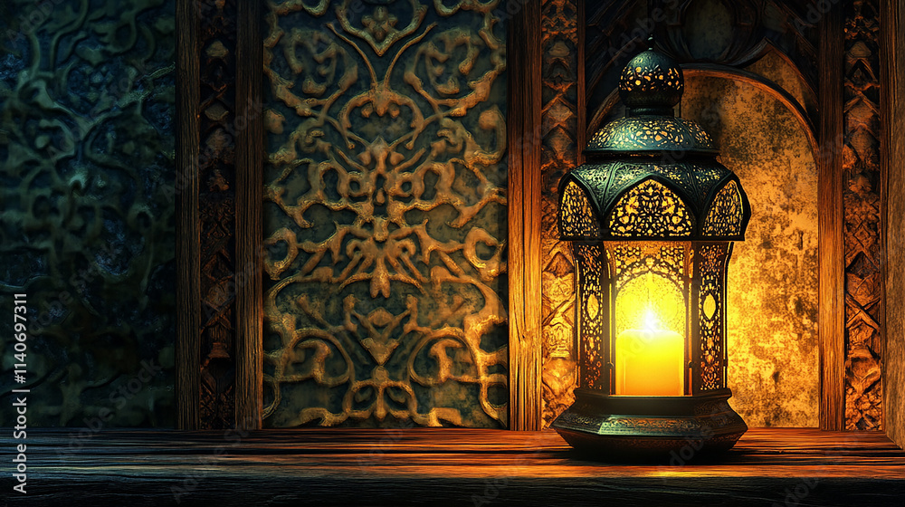 Ramadan A small lantern sits on a wooden table, casting a warm glow in the room. The lantern is surrounded by a patterned rug, adding to the cozy atmosphere. Concept of relaxation and comfort Ramadan A small lantern sits on a wooden table, casting a warm glow in the room. The lantern is surrounded by a patterned rug, adding to the cozy atmosphere. Concept of relaxation and comfort