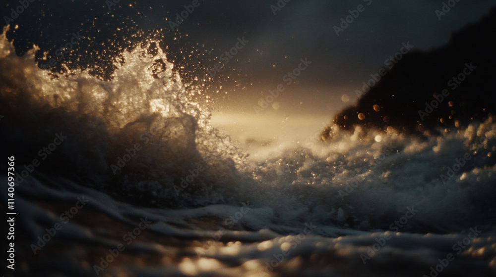 Naklejka premium Waves crashing dramatically at sunset, creating a misty effect.