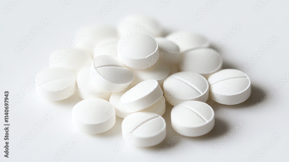 Close-up of white medicine tablets scattered on a surface. Close-up of white medicine tablets scattered on a surface.