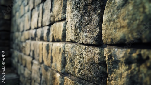 Close-up view of a textured stone wall with natural lighting. photo