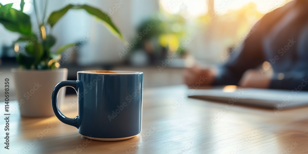 Coffee mug on table with person working in background. Coffee mug on table with person working in background.
