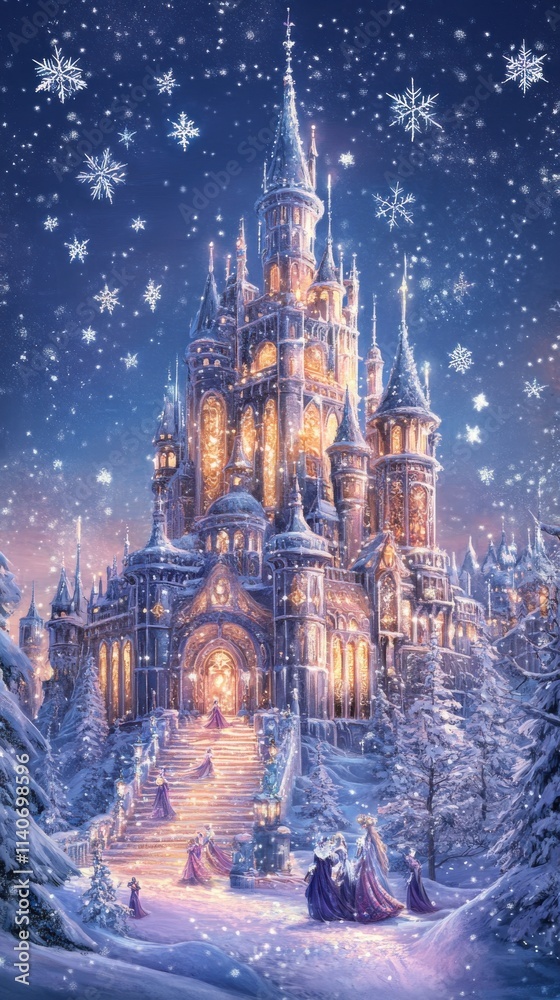 Obraz premium Enchanted ice castle glowing with light surrounded by snowy landscape and sparkling snowflakes at twilight