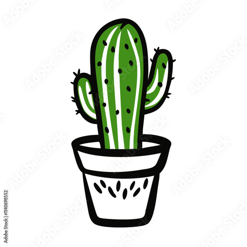 Potted cactus with green spines.