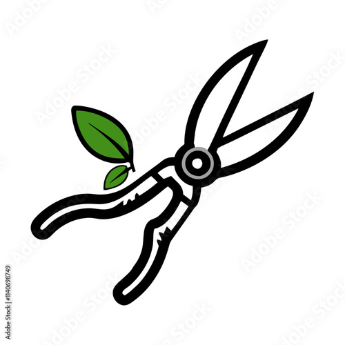 Pruning shears cutting green leaves.