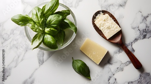 Wallpaper Mural Fresh Basil, Parmesan Cheese, and Wooden Spoon on Marble Surface. Torontodigital.ca