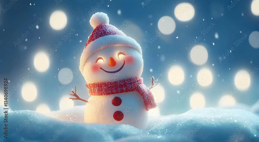 A cute snowman stands in the white snow, wearing a red and white scarf and hat, with an empty background and a blurred forest in the background A cute snowman stands in the white snow, wearing a red and white scarf and hat, with an empty background and a blurred forest in the background