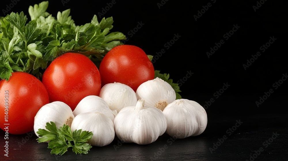 Fresh Tomatoes, Garlic, and Parsley on Black Background Fresh Tomatoes, Garlic, and Parsley on Black Background