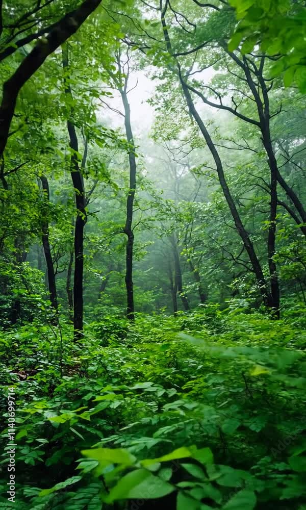 A serene forest scene with lush greenery and mist creating a tranquil atmosphere. A serene forest scene with lush greenery and mist creating a tranquil atmosphere.