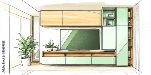 Modern Modular Living room with Wood and Green Accents – Sketch Style