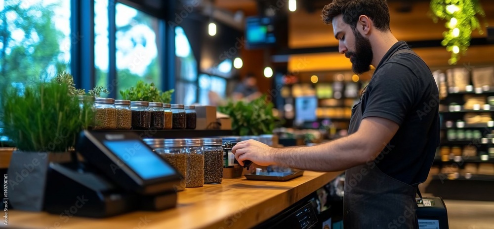 Man working at a counter in a store, arranging jars of spices and herbs. Man working at a counter in a store, arranging jars of spices and herbs.