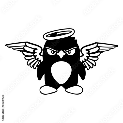 Evil Penguin Angel Wings Halo Holy Heaven Bad Mood Design Lover Art Vector Illustration Card T-Shirt Poster Sticker Graphic Print Decorative Drawing Isolated Logo Decoration Symbol Creative Cool Style