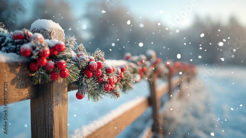 A snow-dusted wooden fence wrapped with festive garlands. photo