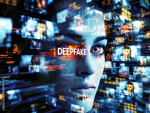 A woman with striking features amidst a digital collage representing deepfake technology.