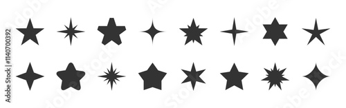 Black star flat set. Various sparkle glow, sharp edged abstract stars gleam. Shimmer bold outline spiky rays. Five point beam burst, diamond shaped spark brilliance, jagged flash, ornate radiance